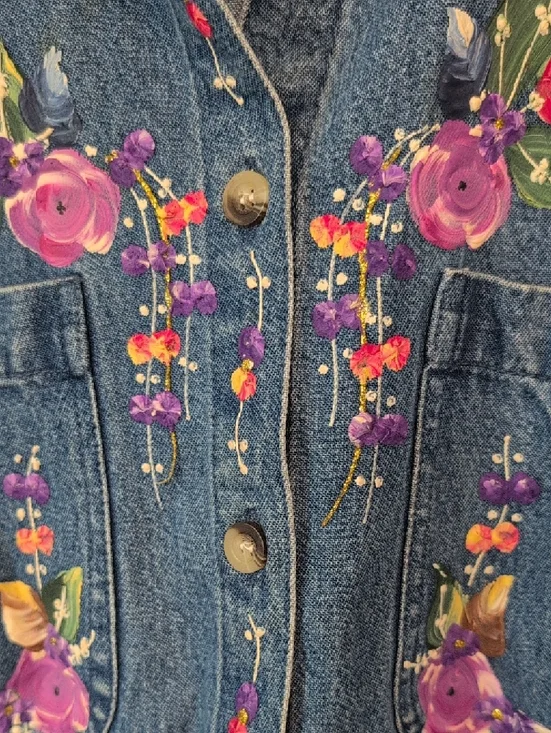 Painted Floral Blue Denim Jacket by Ptny - Picture 5 of 10